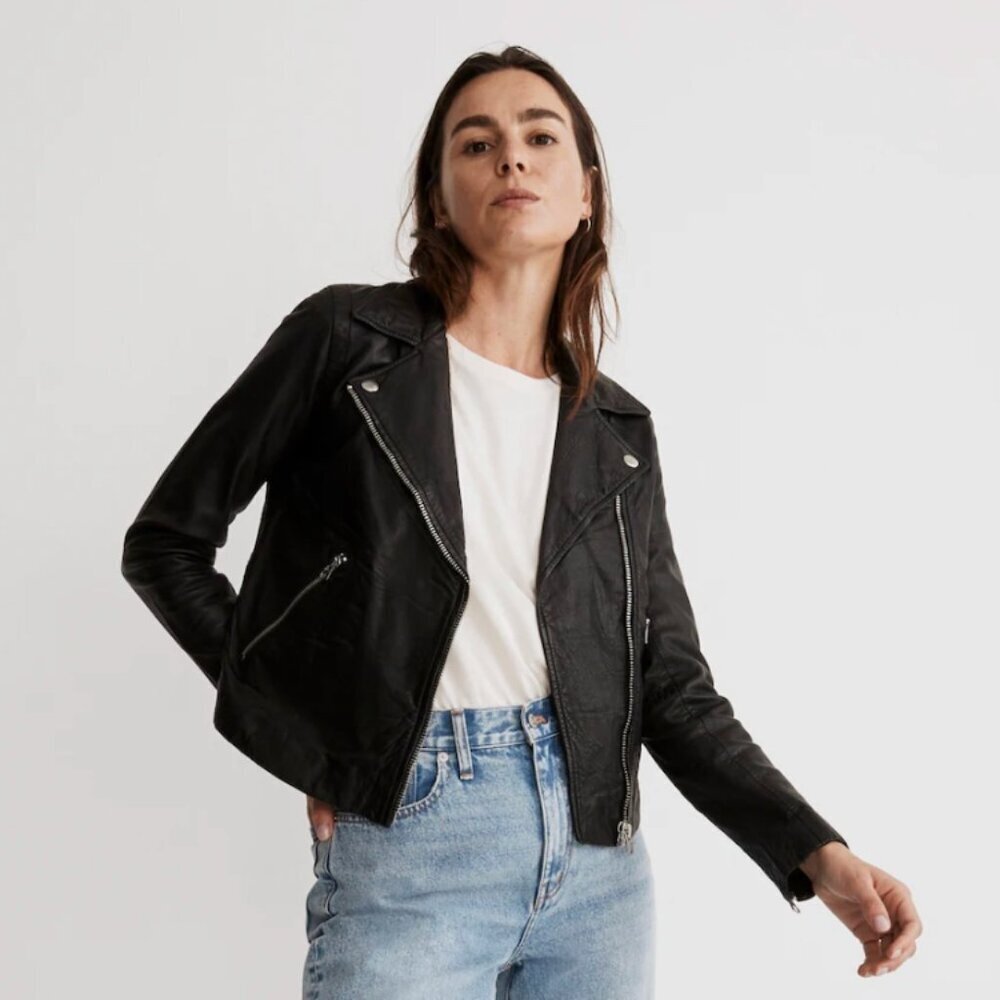 Madewell The Washed Leather Motorcycle Jacket Black Cropped Biker Women's XS